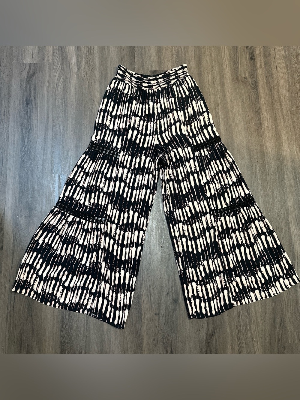 Boho Tie Dye Wide Leg Palazzo Pants Black Cream Festival Resort Large - Picture 6 of 9